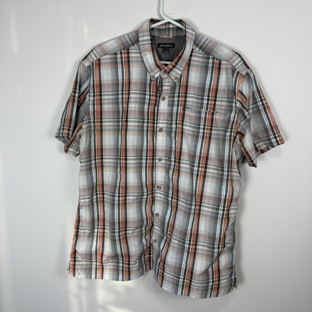Eddie Bauer Mens XL Plaid Short‎ Sleeve Button Down Shirt Orange Grey Outdoor